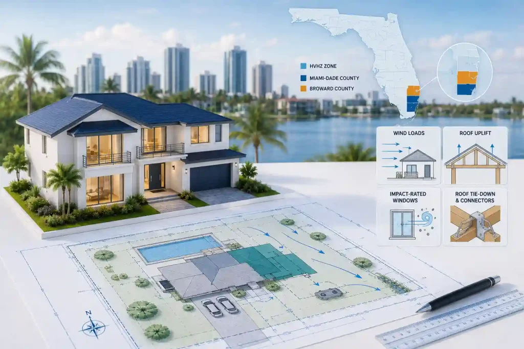 HVHZ Permit Requirements Florida illustration with site plan, Florida map, and hurricane design details.