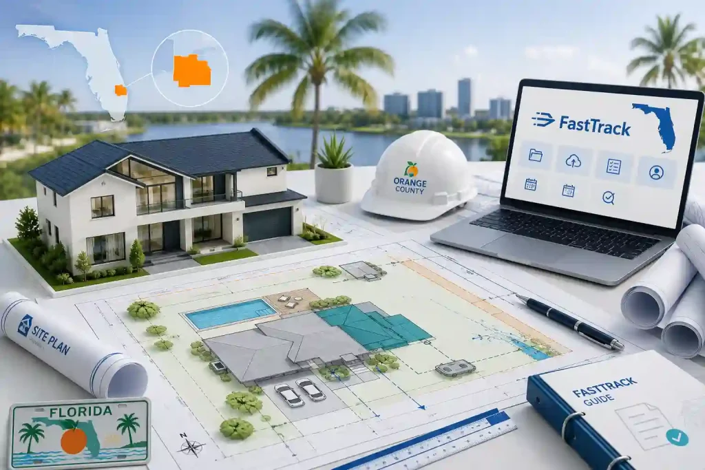 Orange County Florida permit site plan with FastTrack online portal, residential home blueprint, construction plans, and permitting guide.