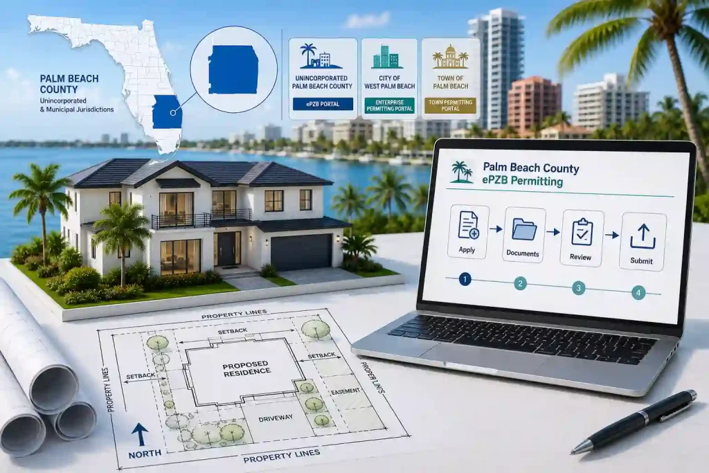 Palm Beach County Permit Site Plan with ePZB submission workflow and jurisdiction map.