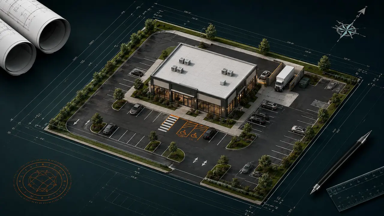 Architectural site plan drawing showing a commercial building layout, parking areas, landscaping, walkways, and property boundaries.