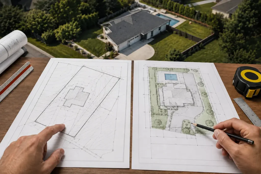 Site plan and property survey drawings reviewed beside an aerial view of a residential property