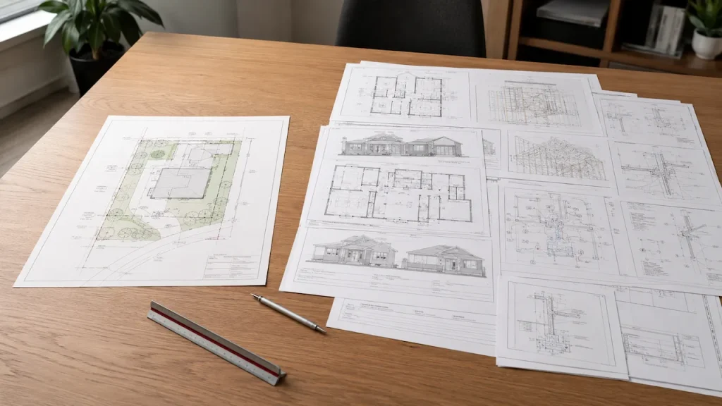 Residential site plan beside a complete permit drawing set with floor plans, elevations, structural framing, and MEP details