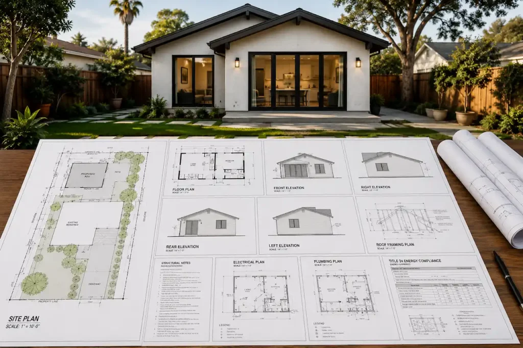 California backyard ADU with clear site plan, floor plan, elevations, structural, MEP, and Title 24 permit drawings