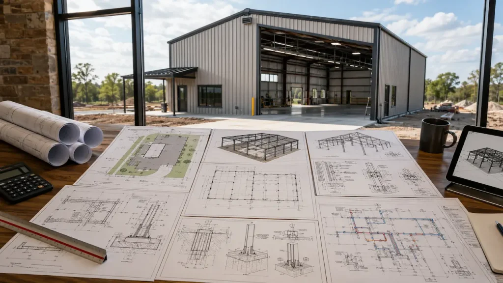 Texas metal building with site, foundation, structural framing, wind connection, and MEP permit drawings